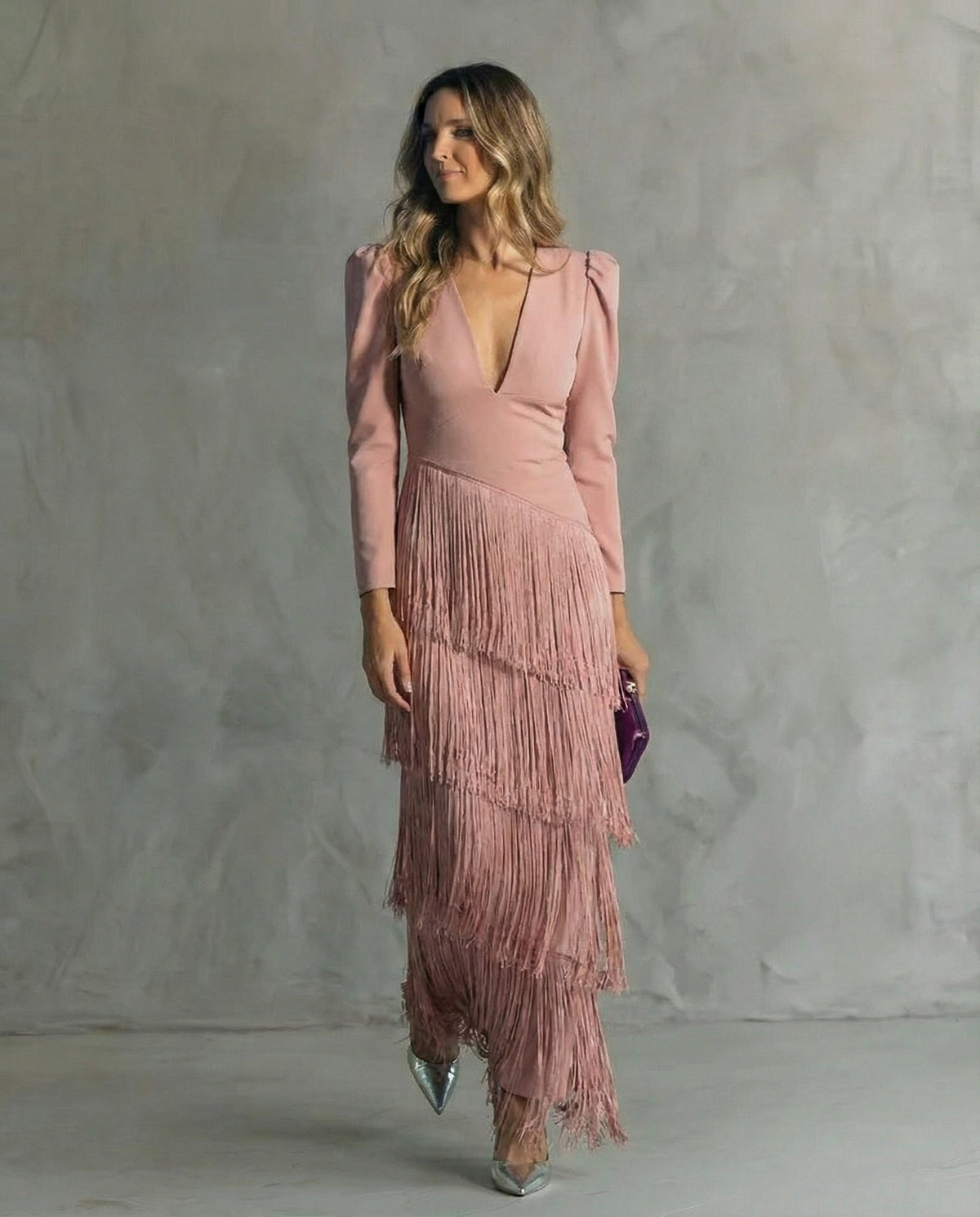 Damen Midikleid Emma – Fließend mit Fransen-Langärmeln