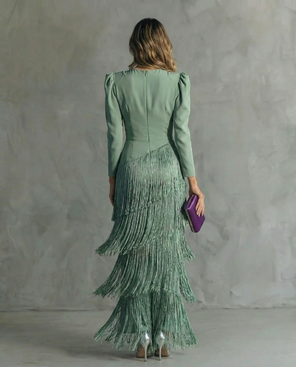 Damen Midikleid Emma – Fließend mit Fransen-Langärmeln