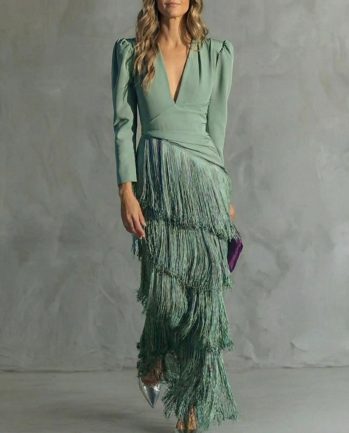 Damen Midikleid Emma – Fließend mit Fransen-Langärmeln