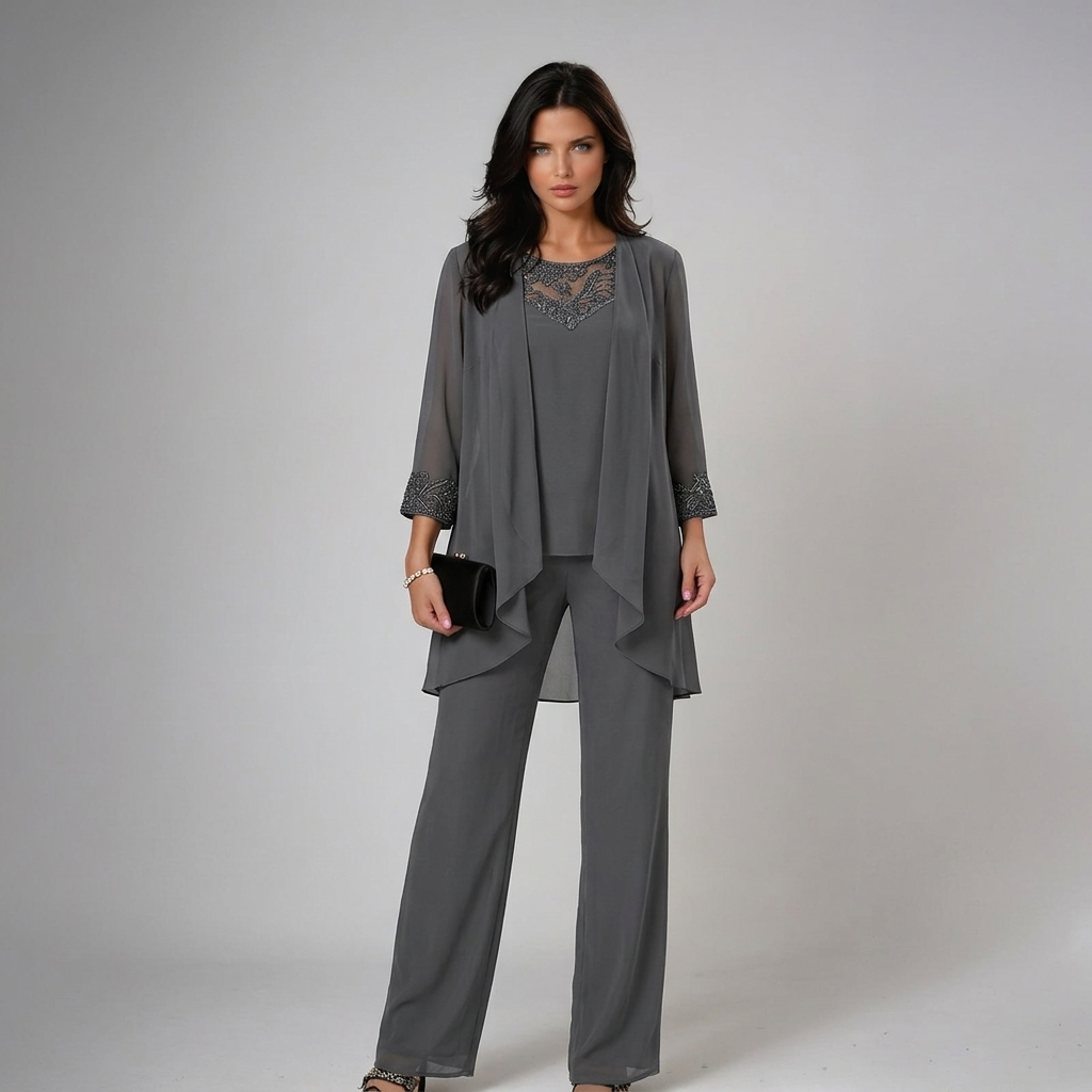 Damen Dreiteiler Lena – Fließend, Strass-Details, Palazzo-Hose elegant