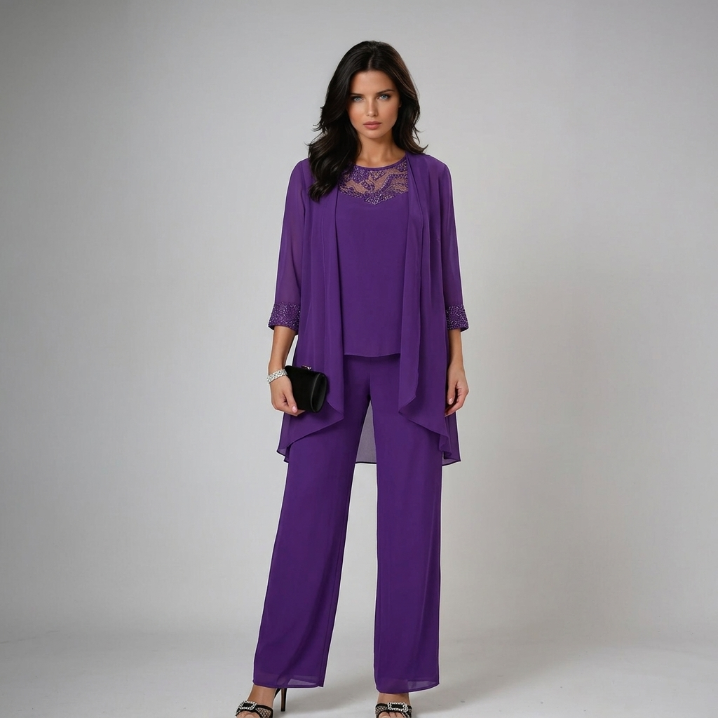 Damen Dreiteiler Lena – Fließend, Strass-Details, Palazzo-Hose elegant