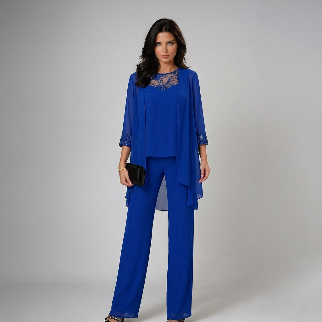 Damen Dreiteiler Lena – Fließend, Strass-Details, Palazzo-Hose elegant