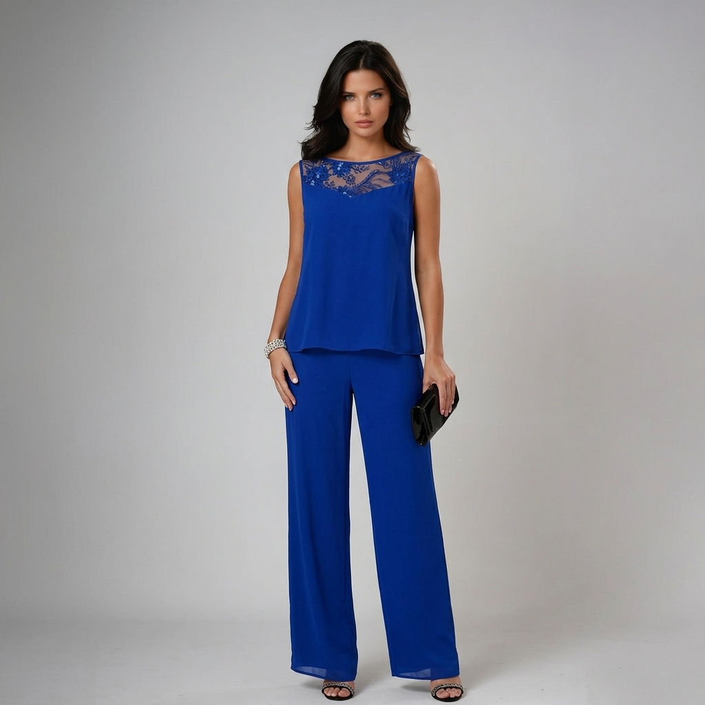 Damen Dreiteiler Lena – Fließend, Strass-Details, Palazzo-Hose elegant