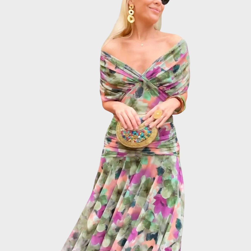 Damen Midi Kleid Lina – V-Ausschnitt florales Muster fließend