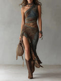 Damen Kleid lang Emma – Asymmetrischer Schnitt, ethnisches Muster