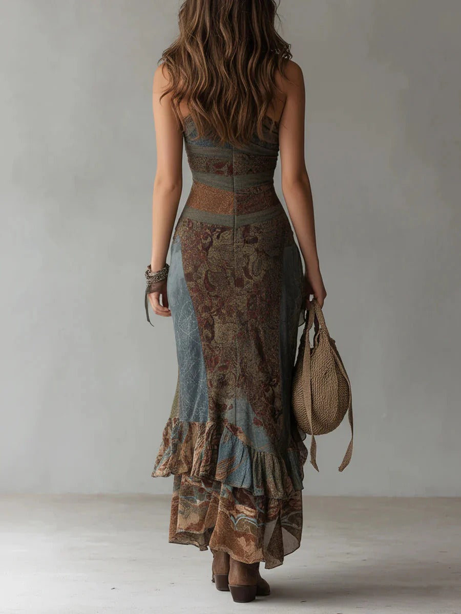 Damen Kleid lang Emma – Asymmetrischer Schnitt, ethnisches Muster