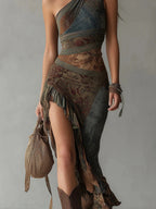 Damen Kleid lang Emma – Asymmetrischer Schnitt, ethnisches Muster