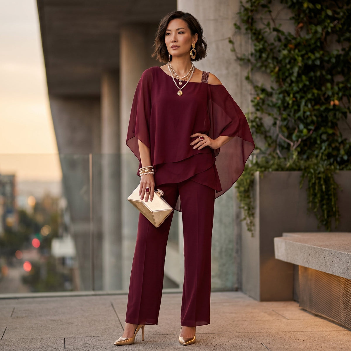 Damen Chiffon-Set Emma – Asymmetrischer Ausschnitt mit Strass