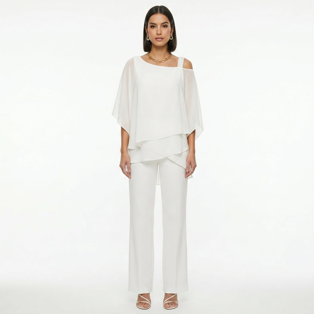 Damen Chiffon-Set Emma – Asymmetrischer Ausschnitt mit Strass