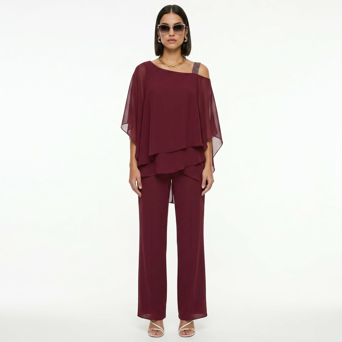 Damen Chiffon-Set Emma – Asymmetrischer Ausschnitt mit Strass