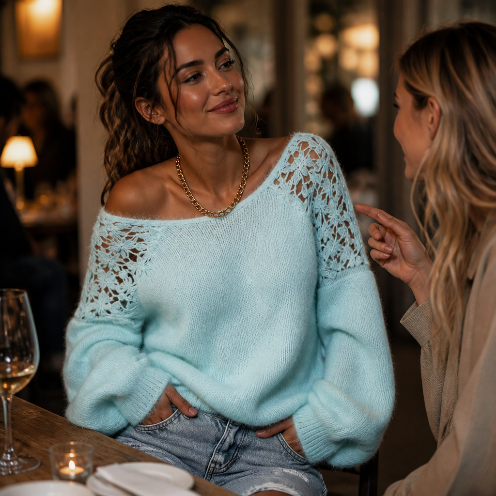 Damen Strickpullover Emma – Spitzendetail, schulterfreier Ausschnitt