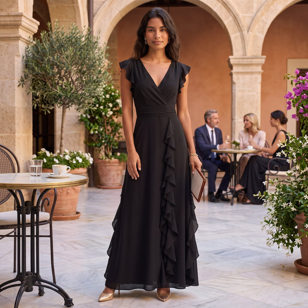 Damen Abendkleid Sophia – Plissee, Schlitz, V-Ausschnitt lang