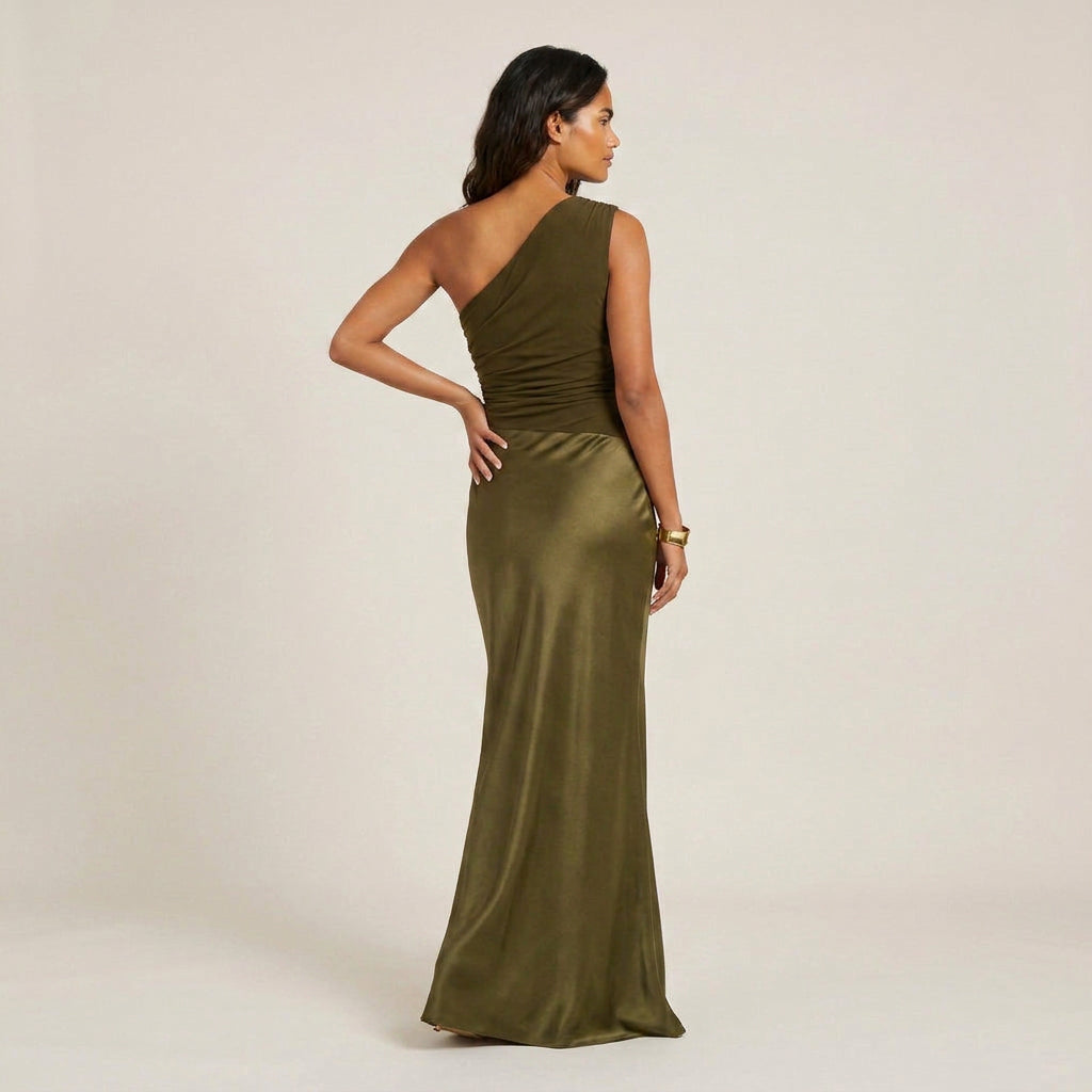 Damen Abendkleid lang Emma – One-Shoulder mit Satin und Raffung