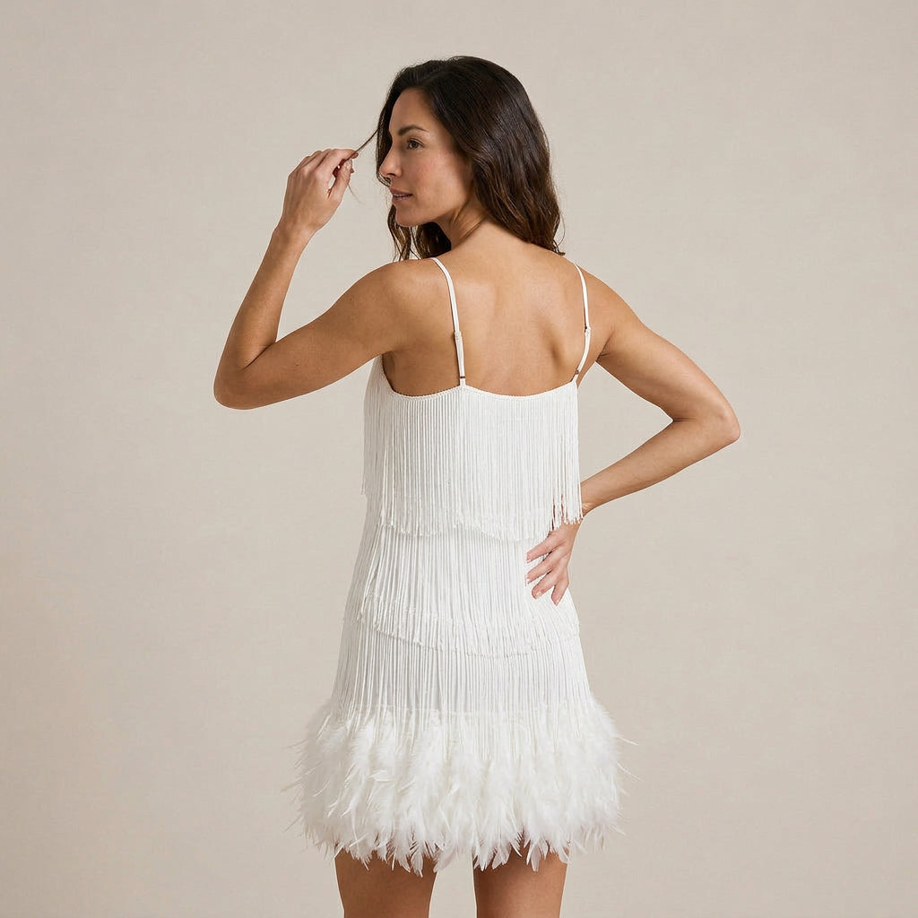 Damen Minikleid Lena – Pailletten, Fransen, Federn, Spaghettiträger