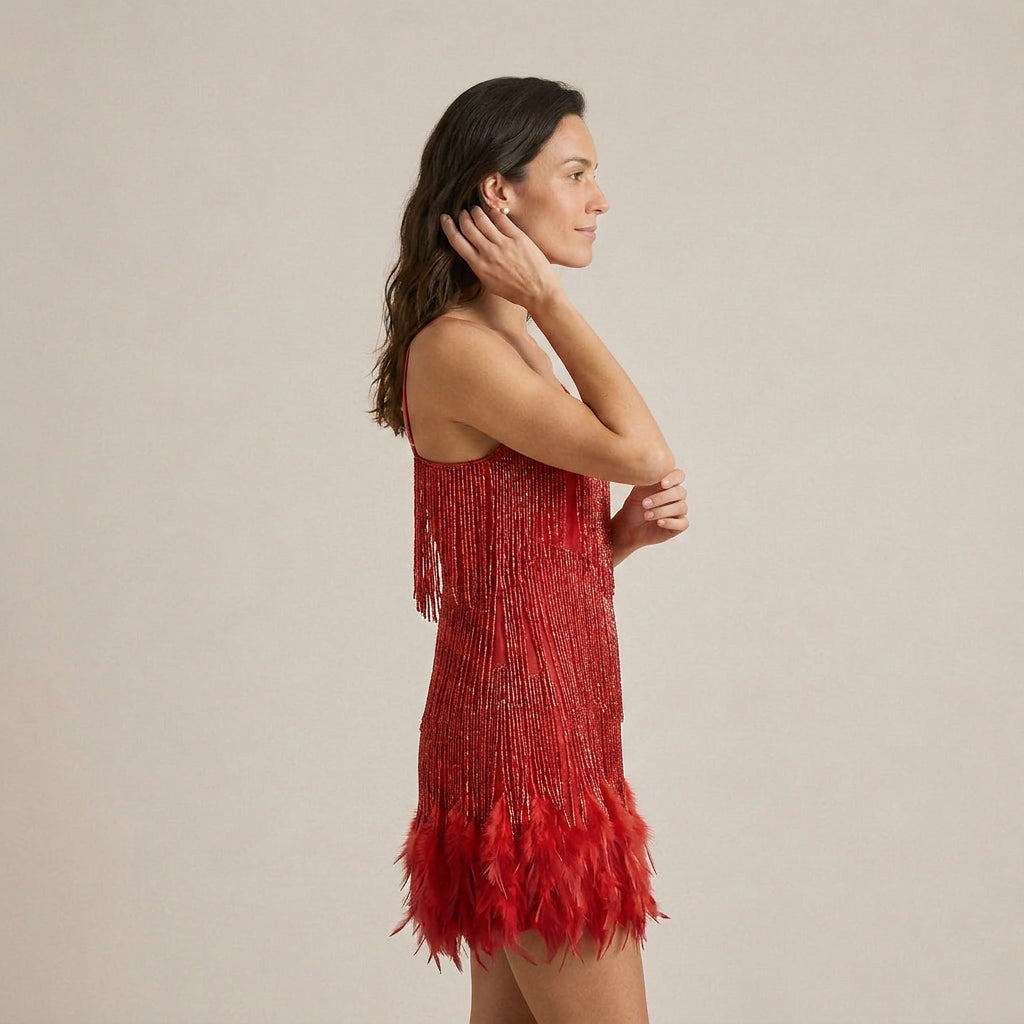 Damen Minikleid Lena – Pailletten, Fransen, Federn, Spaghettiträger