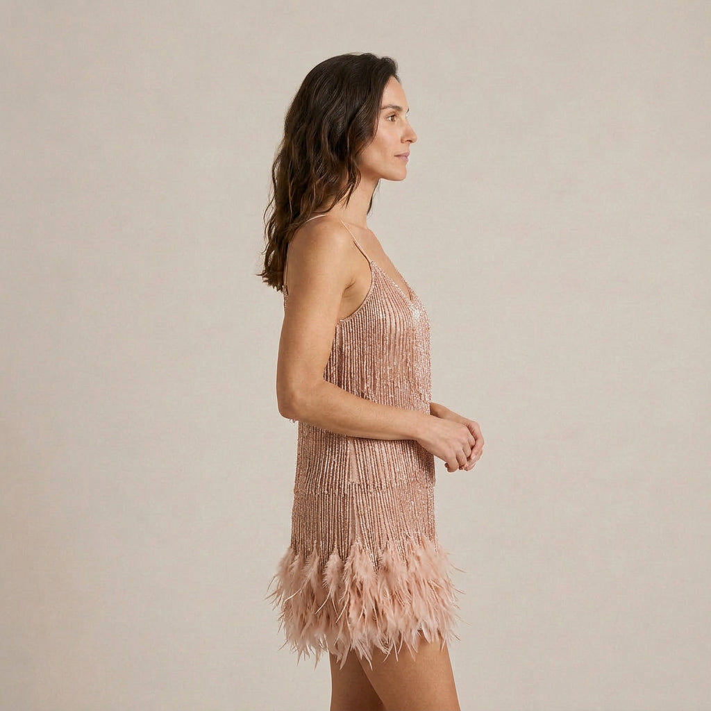 Damen Minikleid Lena – Pailletten, Fransen, Federn, Spaghettiträger