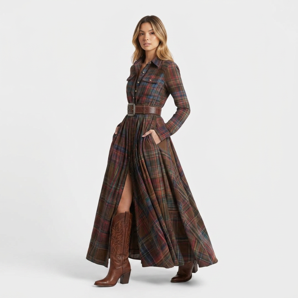 Damen Hemdblusenkleid Nina – Kariertmuster, langarm locker