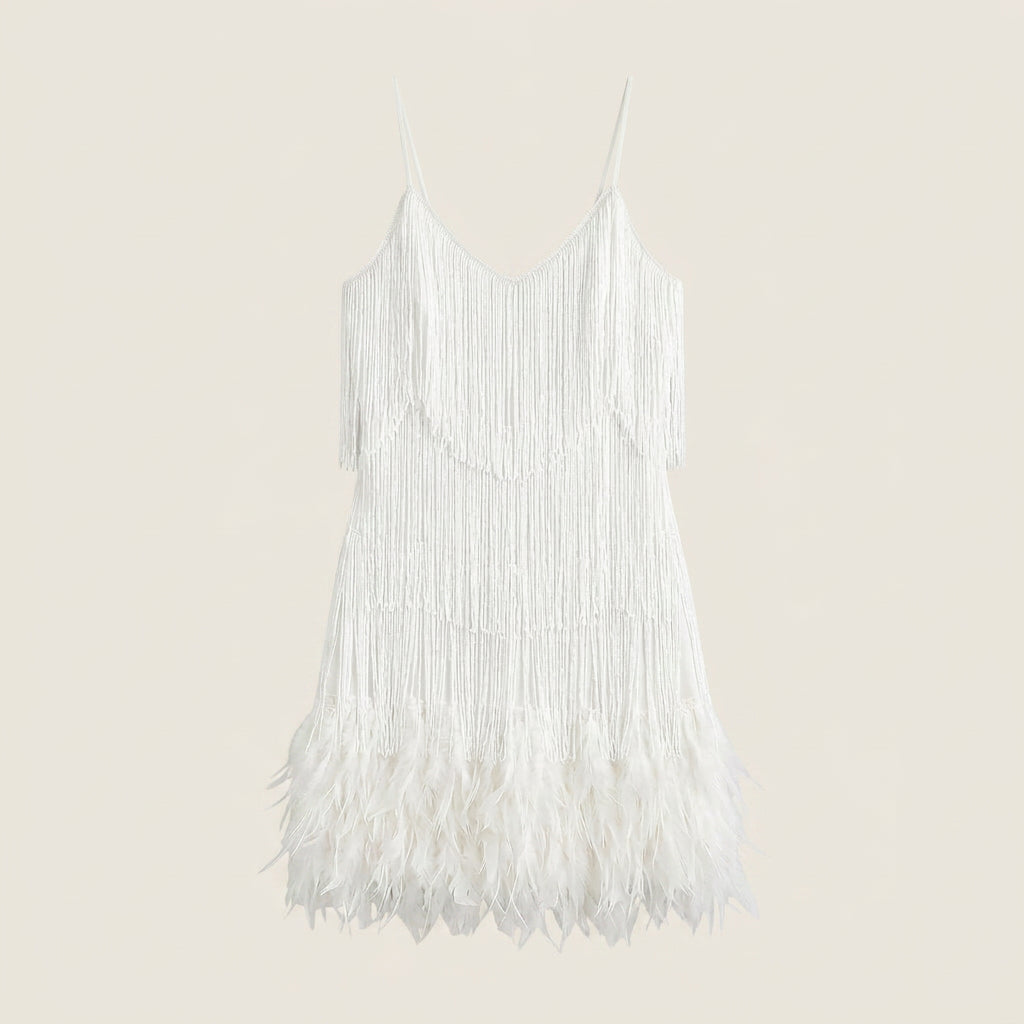 Damen Minikleid Lena – Pailletten, Fransen, Federn, Spaghettiträger