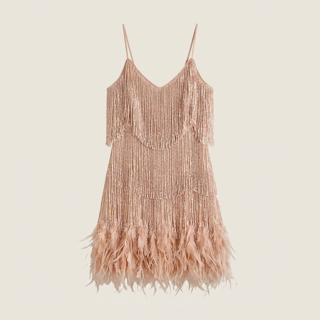 Damen Minikleid Lena – Pailletten, Fransen, Federn, Spaghettiträger
