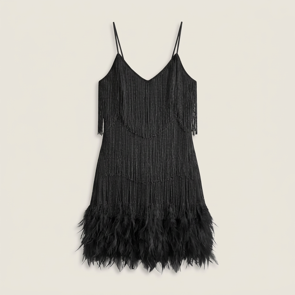 Damen Minikleid Lena – Pailletten, Fransen, Federn, Spaghettiträger