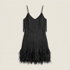 Damen Minikleid Lena – Pailletten, Fransen, Federn, Spaghettiträger