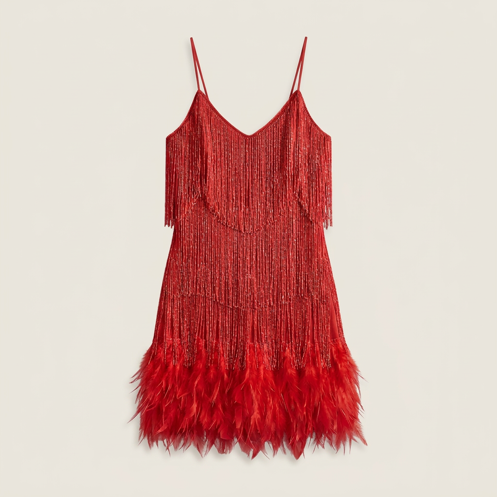 Damen Minikleid Lena – Pailletten, Fransen, Federn, Spaghettiträger