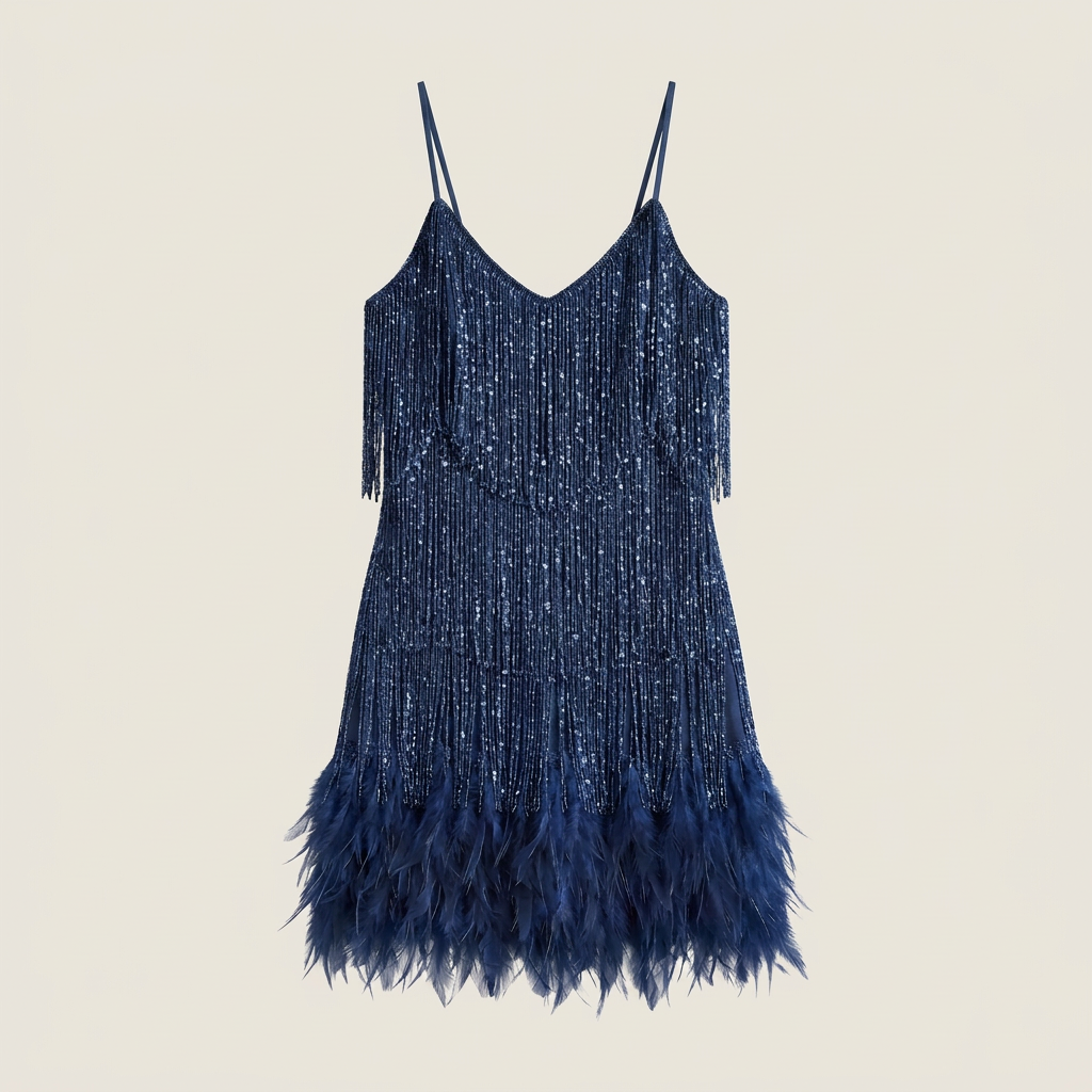 Damen Minikleid Lena – Pailletten, Fransen, Federn, Spaghettiträger