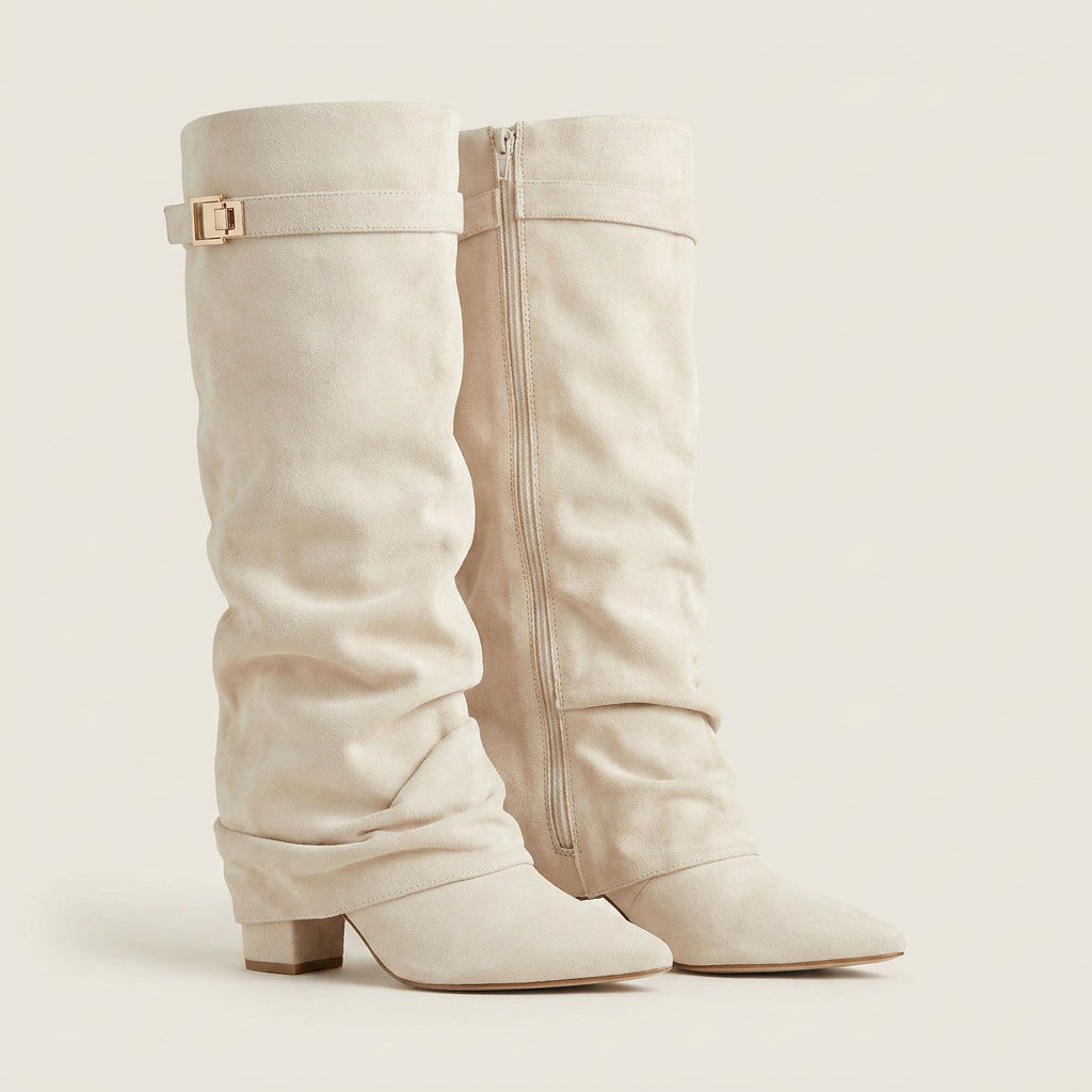 Damen Stiefel Sophia – Wildleder-Optik, Raffung, niedriger Blockabsatz