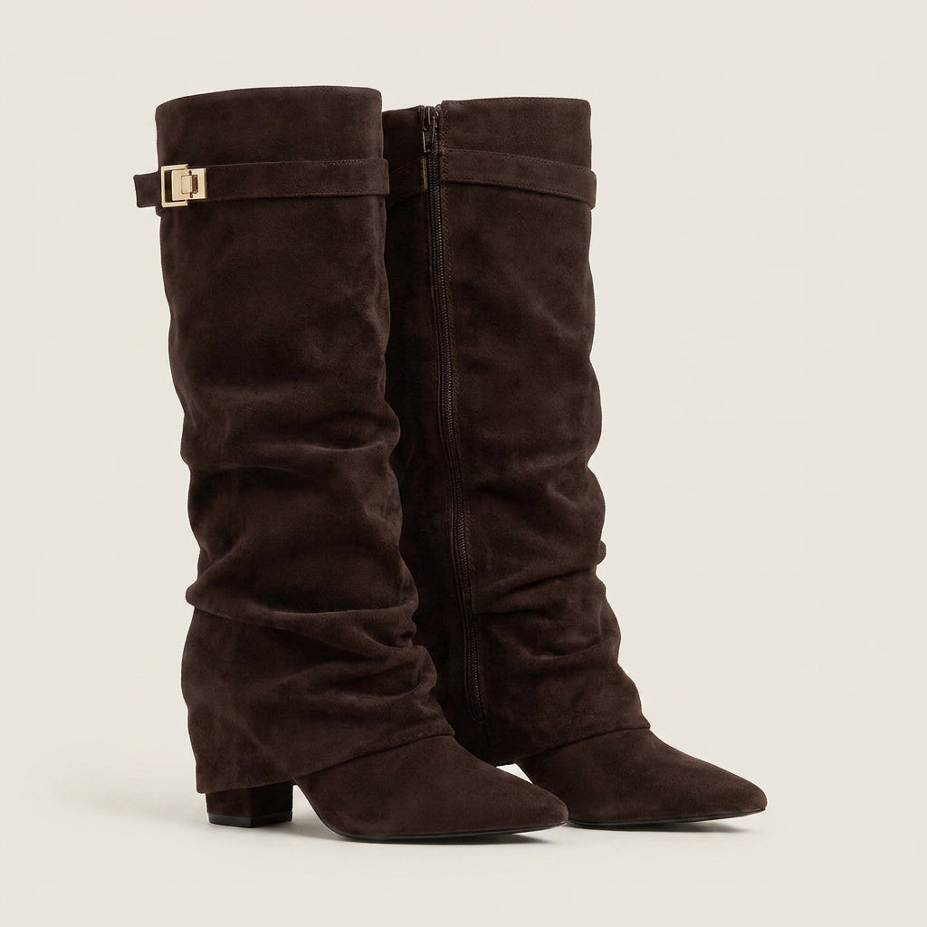 Damen Stiefel Sophia – Wildleder-Optik, Raffung, niedriger Blockabsatz
