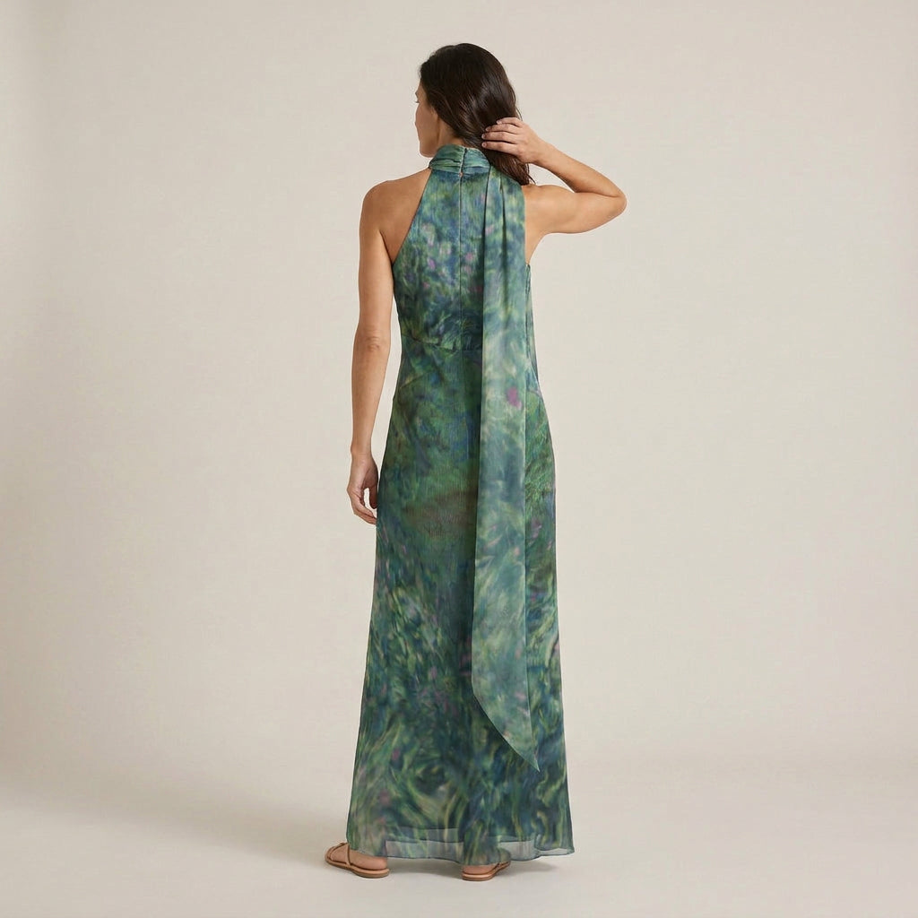 Damen Abendkleid Emma – Neckholder, fließend, abstraktes Muster