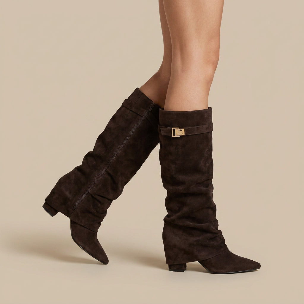 Damen Stiefel Sophia – Wildleder-Optik, Raffung, niedriger Blockabsatz