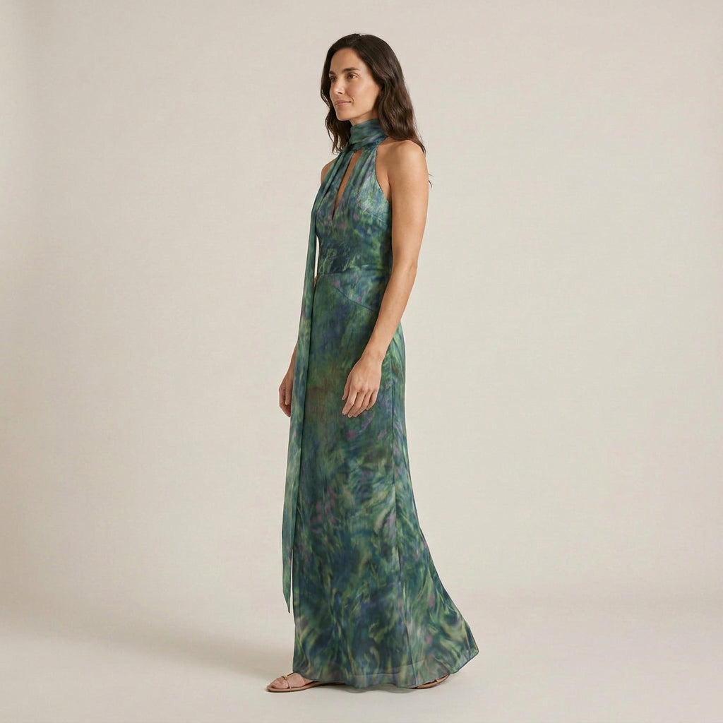 Damen Abendkleid Emma – Neckholder, fließend, abstraktes Muster