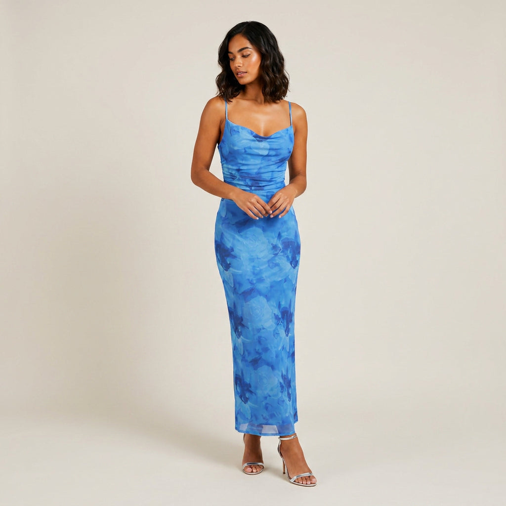 Damen Maxikleid Emma – Florales Muster, Drapierter Ausschnitt