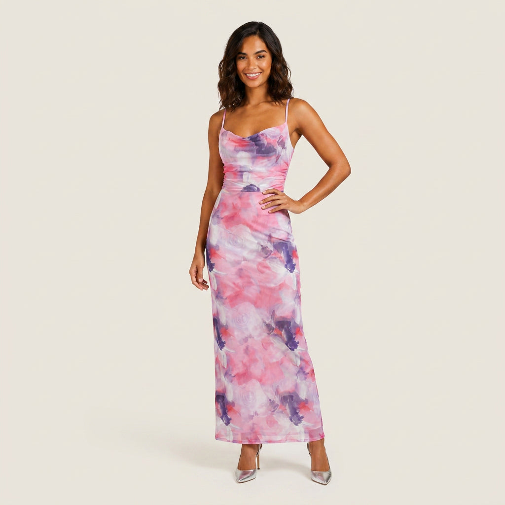 Damen Maxikleid Emma – Florales Muster, Drapierter Ausschnitt