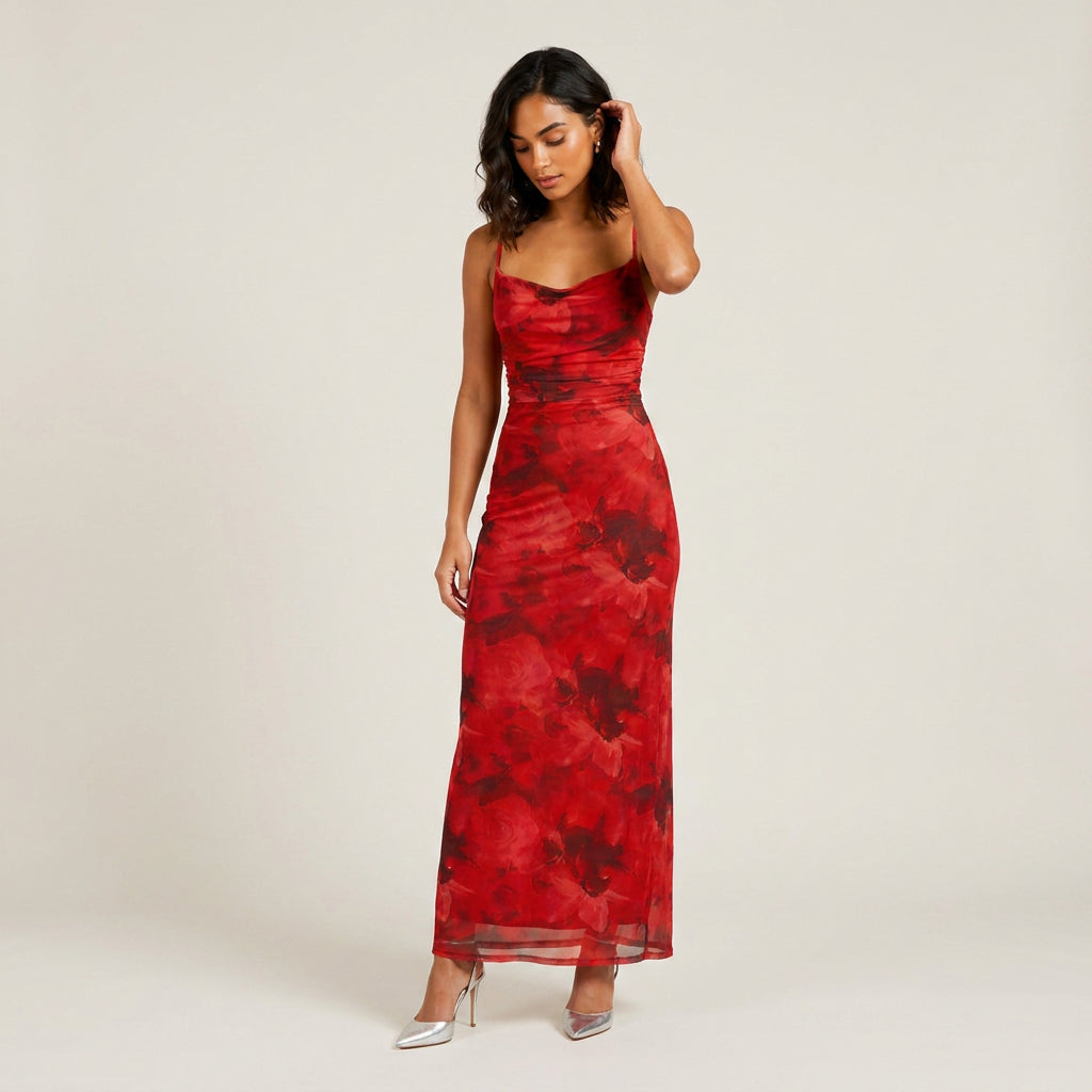 Damen Maxikleid Emma – Florales Muster, Drapierter Ausschnitt