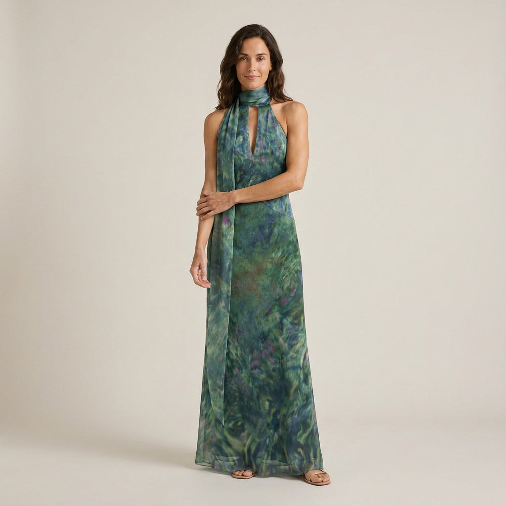 Damen Abendkleid Emma – Neckholder, fließend, abstraktes Muster