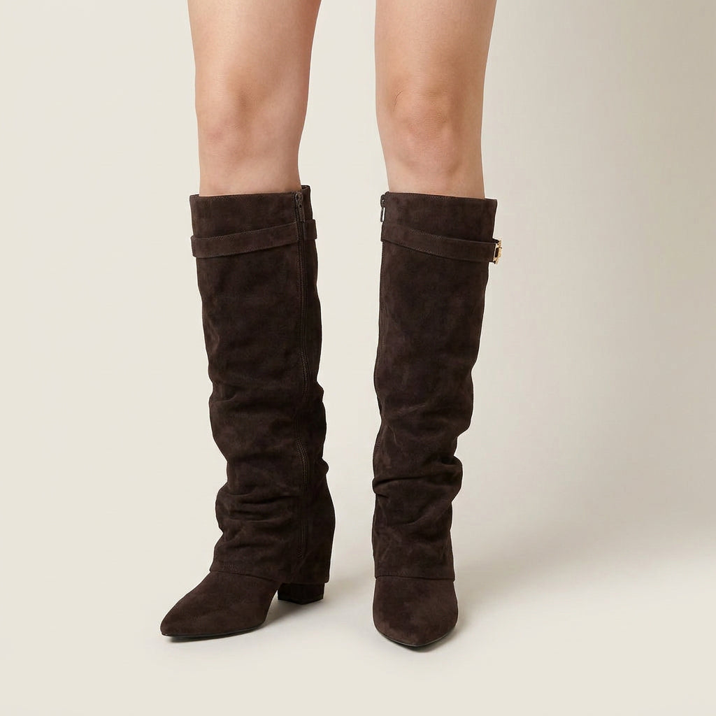 Damen Stiefel Sophia – Wildleder-Optik, Raffung, niedriger Blockabsatz