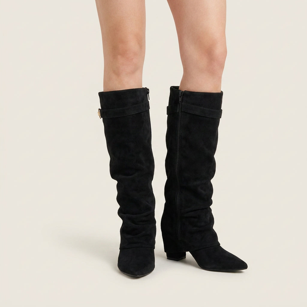 Damen Stiefel Sophia – Wildleder-Optik, Raffung, niedriger Blockabsatz