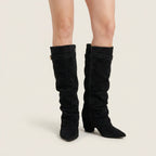 Damen Stiefel Sophia – Wildleder-Optik, Raffung, niedriger Blockabsatz