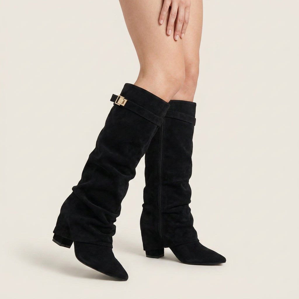Damen Stiefel Sophia – Wildleder-Optik, Raffung, niedriger Blockabsatz
