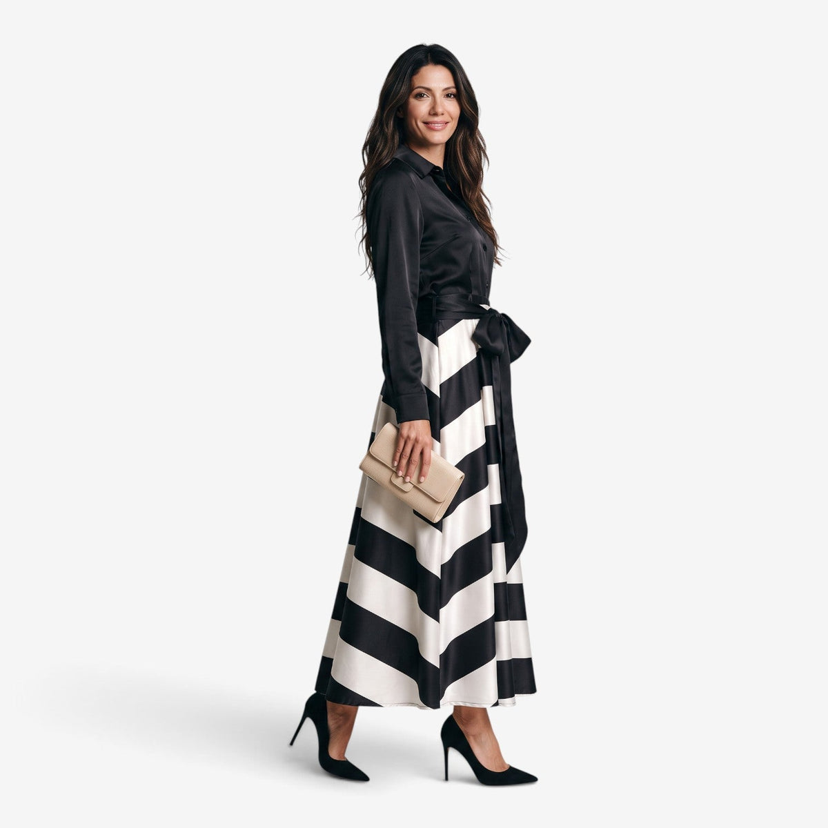 Vestido camisero largo a rayas mujer con cinturón - vista 2