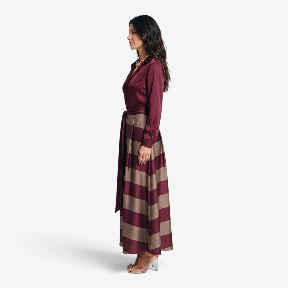 Vestido camisero largo a rayas mujer con cinturón - vista 5