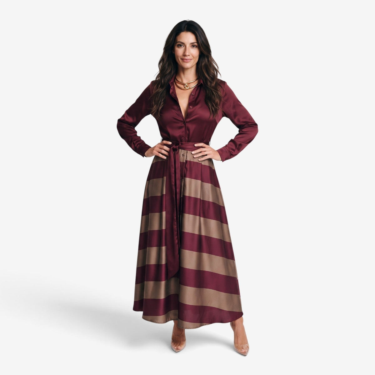 Vestido camisero largo a rayas mujer con cinturón - vista 4