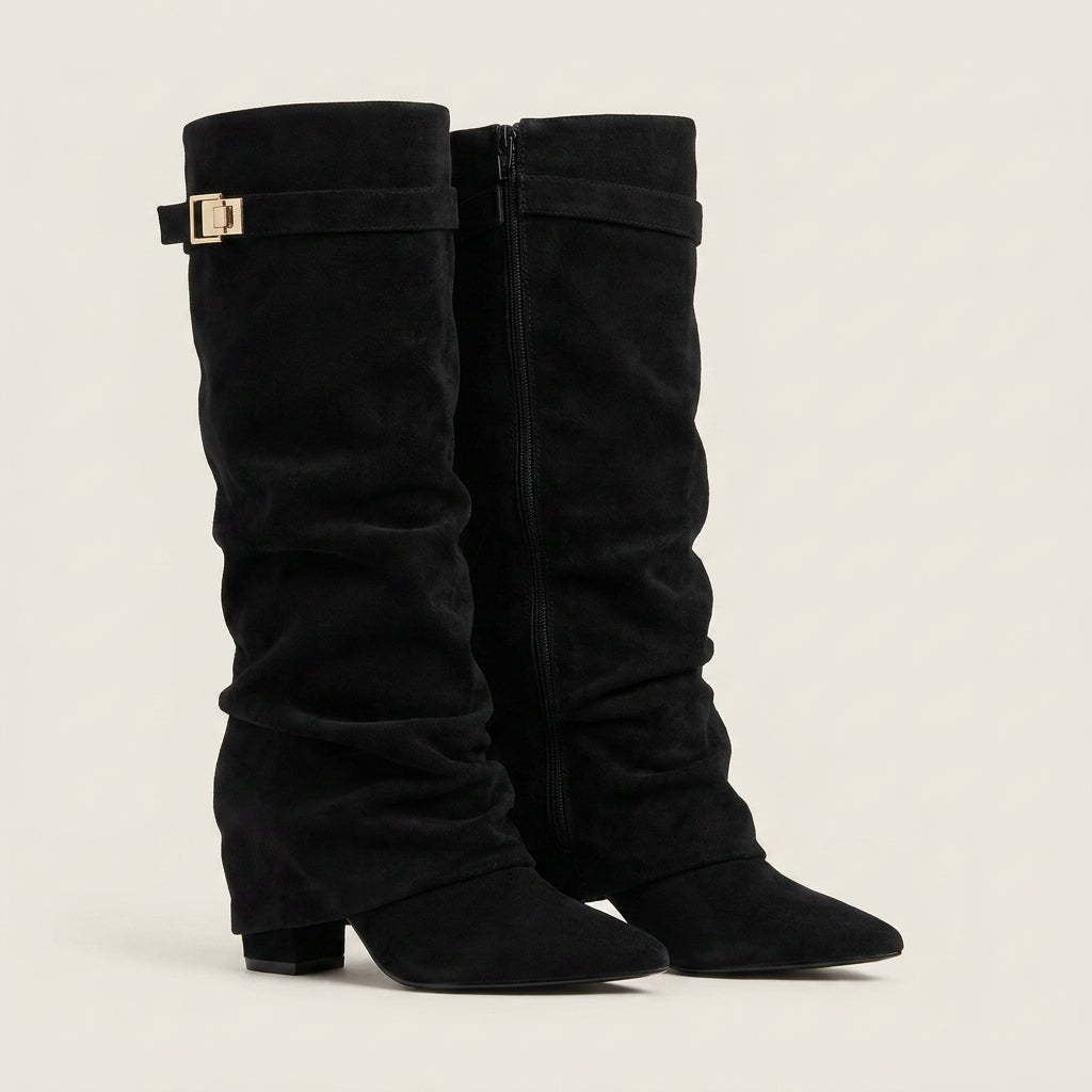 Damen Stiefel Sophia – Wildleder-Optik, Raffung, niedriger Blockabsatz