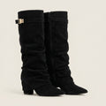 Damen Stiefel Sophia – Wildleder-Optik, Raffung, niedriger Blockabsatz