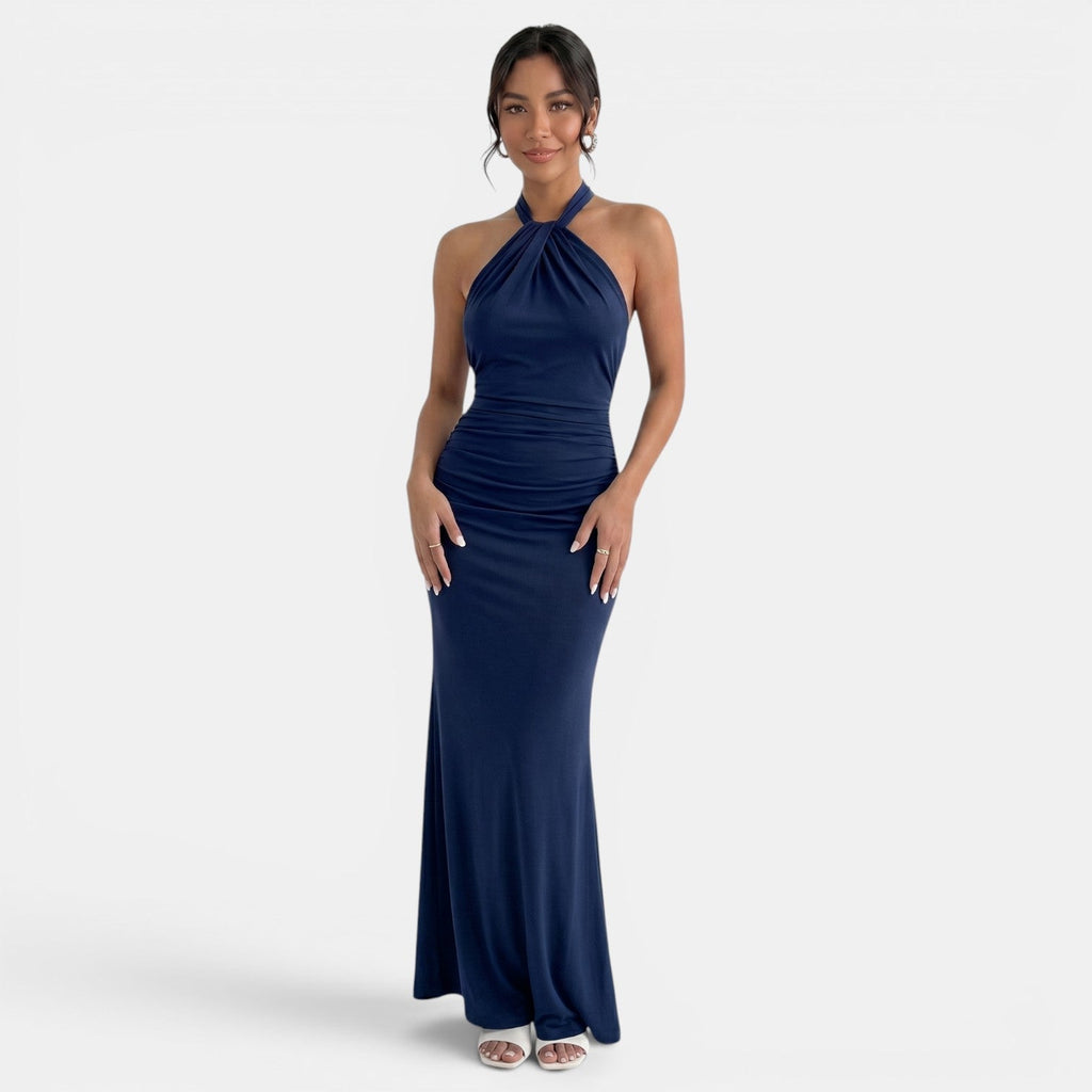 Damen Abendkleid lang Greta – Halter-Ausschnitt, offener Rücken