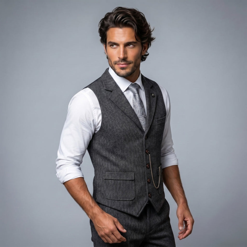 Herren Tweedweste Nicolas – Fischgrät, Jacquardkette, tailliert