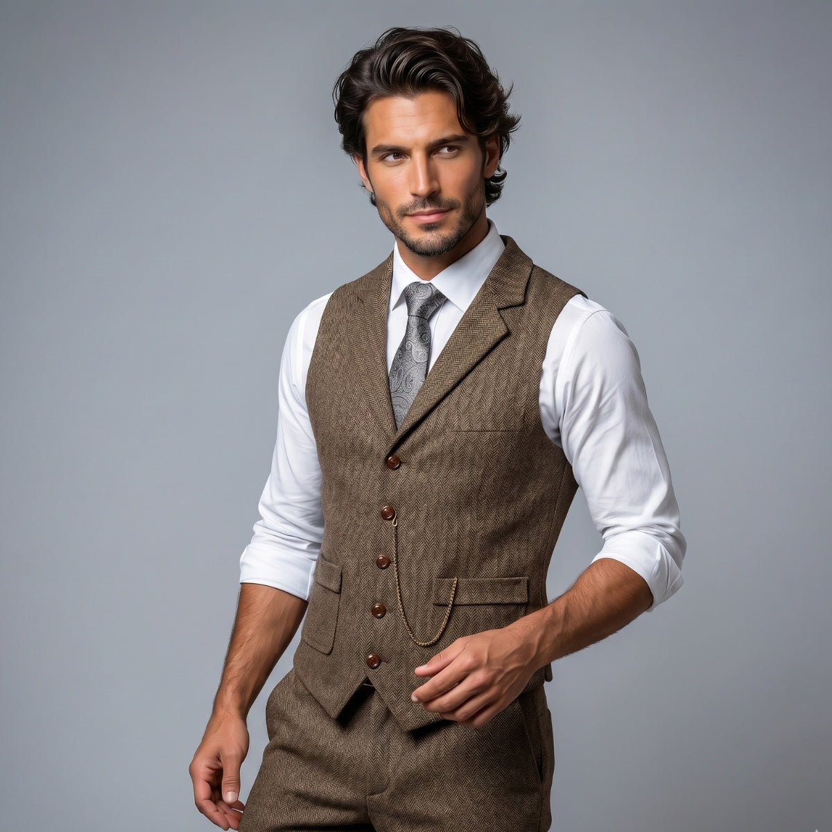 Herren Tweedweste Nicolas – Fischgrät, Jacquardkette, tailliert