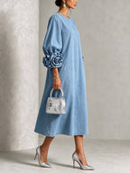 Vestido Midi para Mujer de Chambray Denim con Rosetas 3D