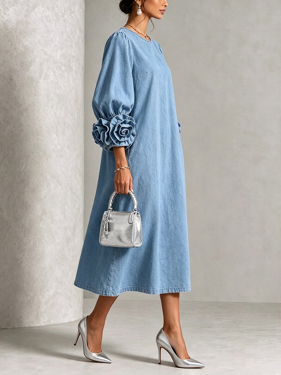 Vestido Midi para Mujer de Chambray Denim con Rosetas 3D